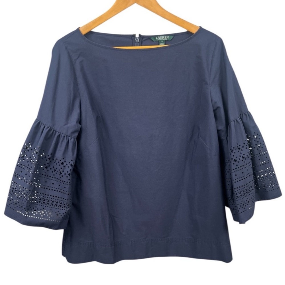 LAUREN RALPH LAUREN Navy Eyelet Bell Sleeve Blouse Cotton Poplin Top Medium